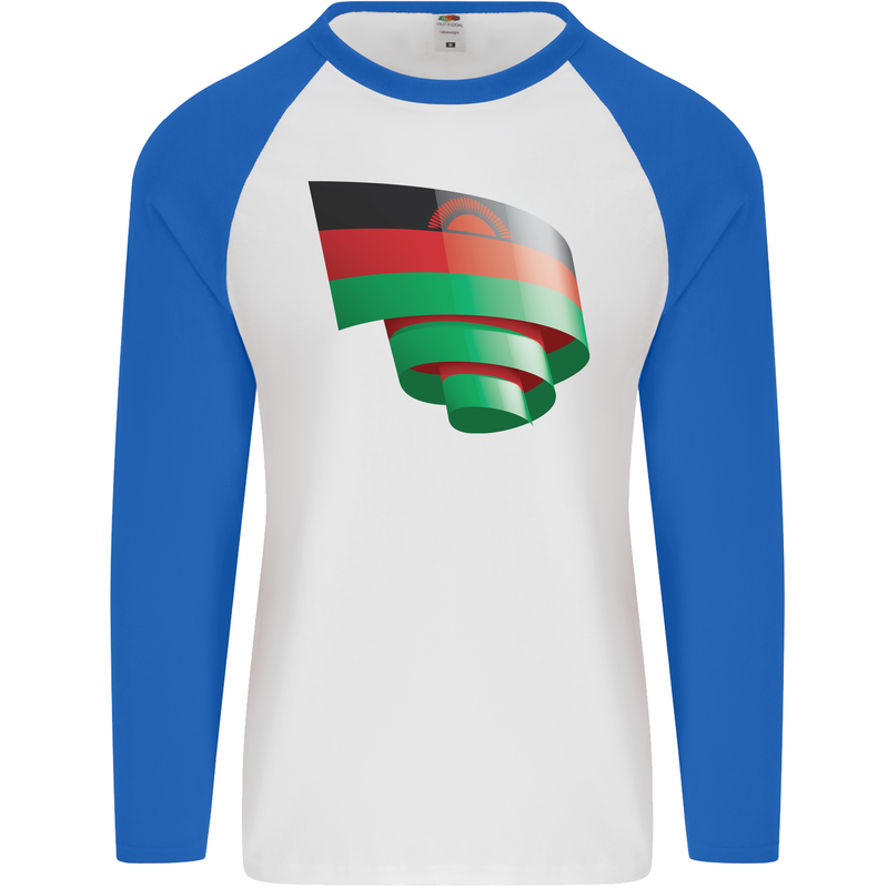 Curled Malawi Flag Malawian Day Football Mens L/S Baseball T-Shirt White/Royal Blue