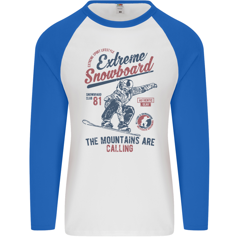 Extreme Snowboarding Snowboard Mens L/S Baseball T-Shirt White/Royal Blue