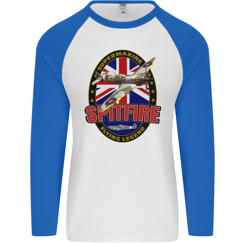 Supermarine Spitfire Flying Legend Mens L/S Baseball T-Shirt White/Royal Blue