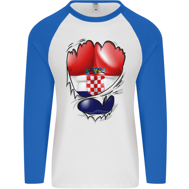 Gym Croatian Flag Ripped Muscles Croatia Mens L/S Baseball T-Shirt White/Royal Blue