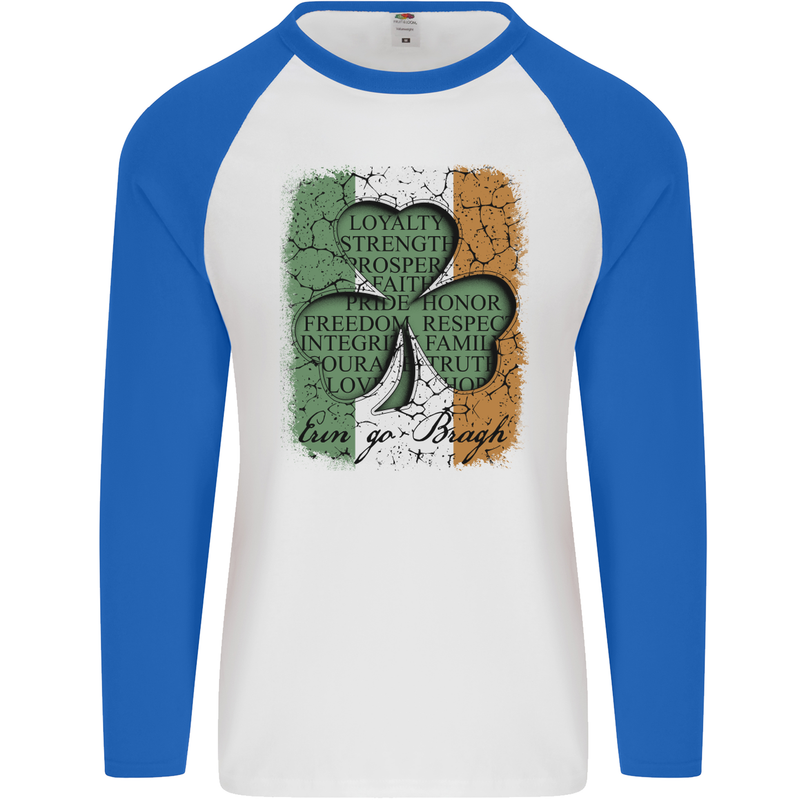 St Patricks Day Shamrock 3 Leaf Clover Mens L/S Baseball T-Shirt White/Royal Blue
