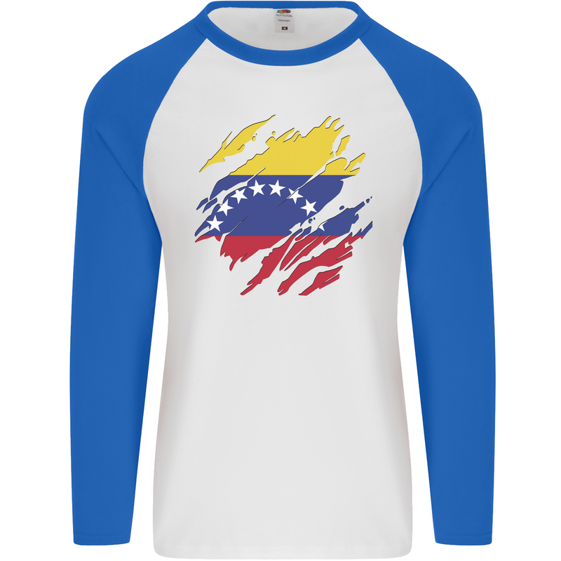 Torn Venezuela Flag Venezuelans Day Football Mens L/S Baseball T-Shirt White/Royal Blue