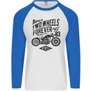 Two Wheels Forever Motorcycle Cafe Racer Mens L/S Baseball T-Shirt White/Royal Blue