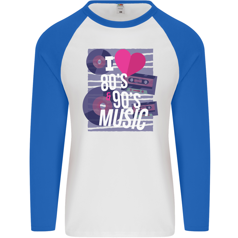 I Love 80s 90s Music Pop Rock Acid House Mens L/S Baseball T-Shirt White/Royal Blue