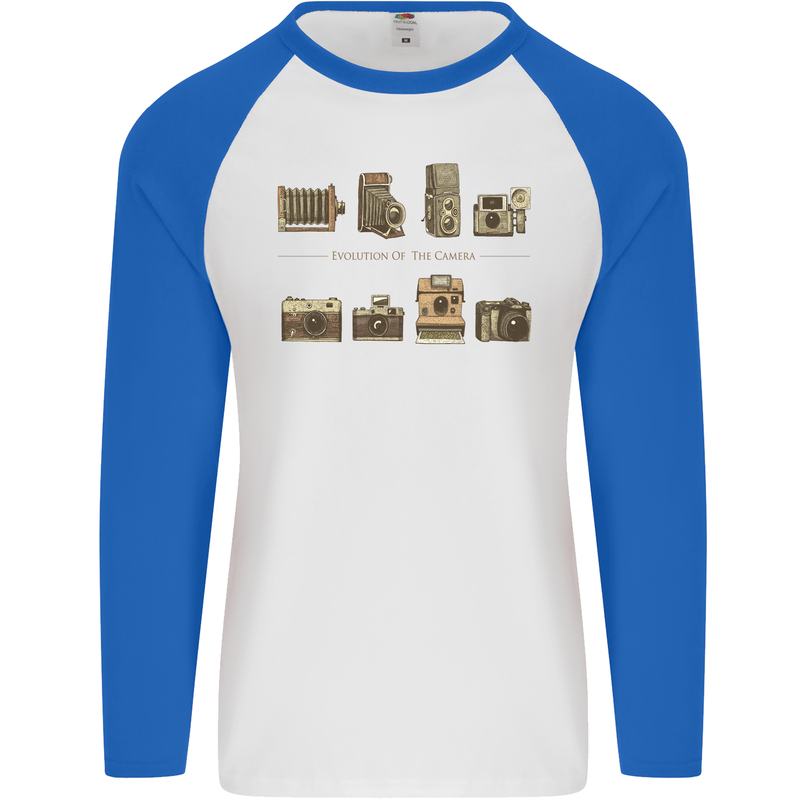 Photography Camera Evolution Photographer Mens L/S Baseball T-Shirt White/Royal Blue