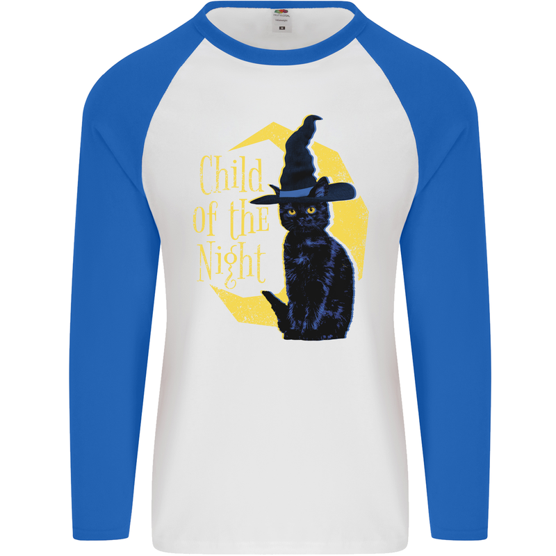 Child of the Night Halloween Black Cat Witch Mens L/S Baseball T-Shirt White/Royal Blue