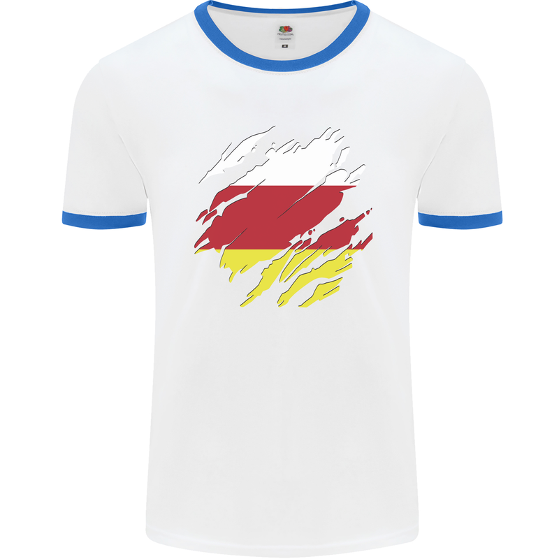 Torn Flag South Ossetia Mens Ringer T-Shirt White/Royal Blue