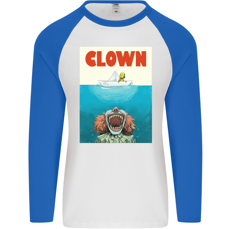 Jaws Funny Parody Clown Halloween Horror Mens L/S Baseball T-Shirt White/Royal Blue