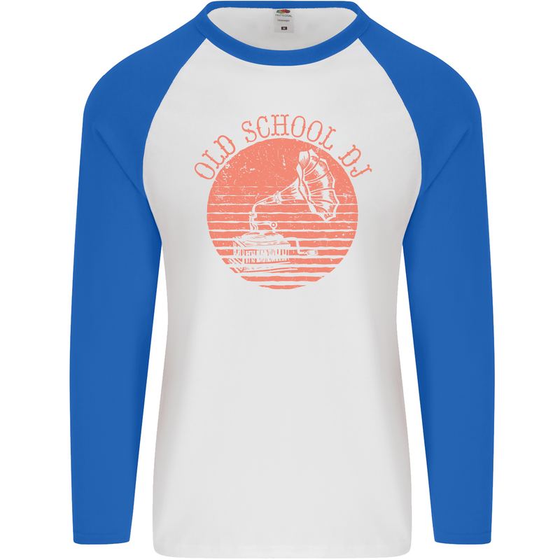 Old School DJ Gramaphone DJing Music Mens L/S Baseball T-Shirt White/Royal Blue
