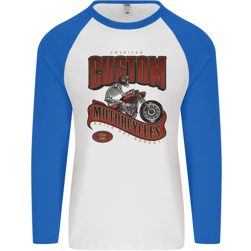 American Custom Motorcycles Biker Motorbike Mens L/S Baseball T-Shirt White/Royal Blue