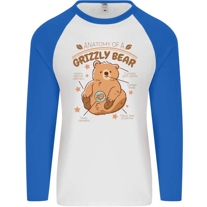 Anatomy of a Grizzly Bear Mens L/S Baseball T-Shirt White/Royal Blue