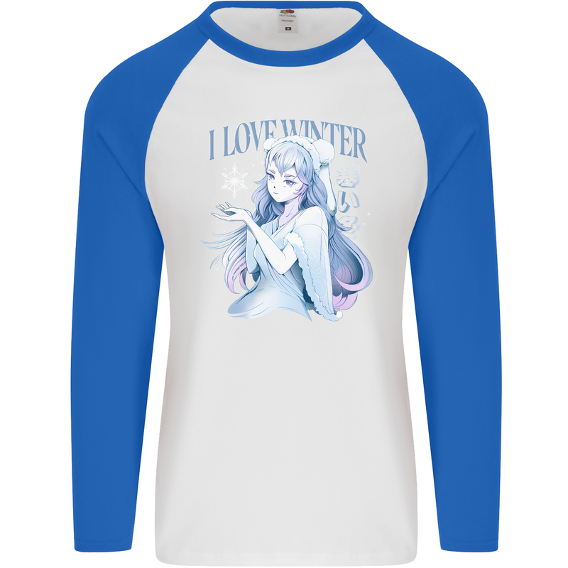 I Love Winter Anime Japanese Text Mens L/S Baseball T-Shirt White/Royal Blue