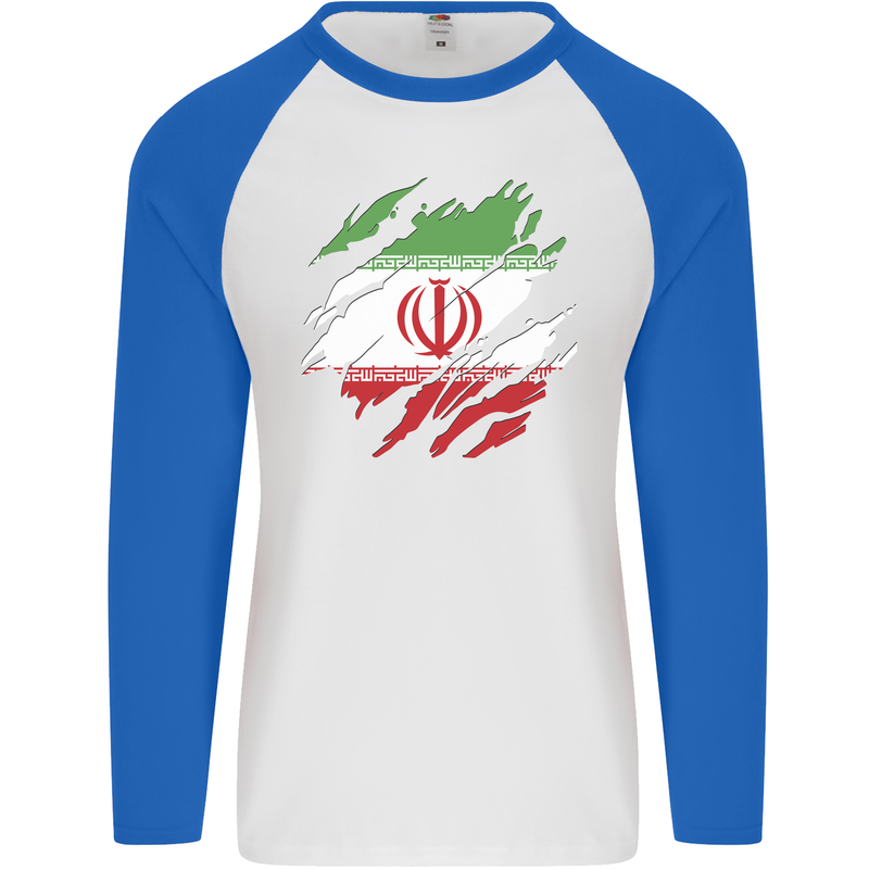 Torn Iran Flag Iranian Day Football Mens L/S Baseball T-Shirt White/Royal Blue