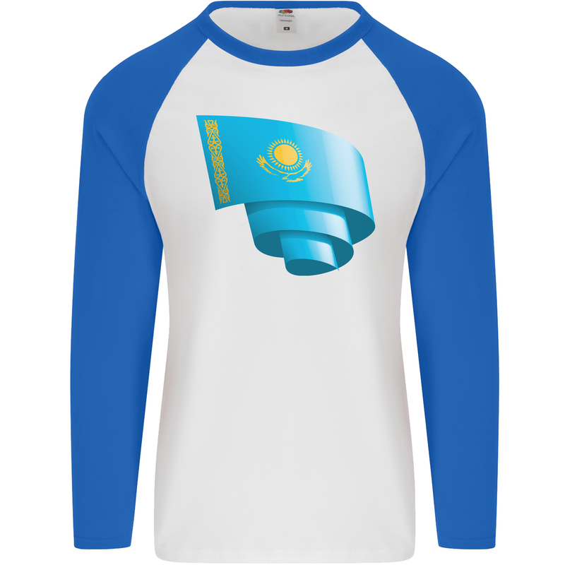Curled Kazakhstan Flag Kazakh Day Football Mens L/S Baseball T-Shirt White/Royal Blue