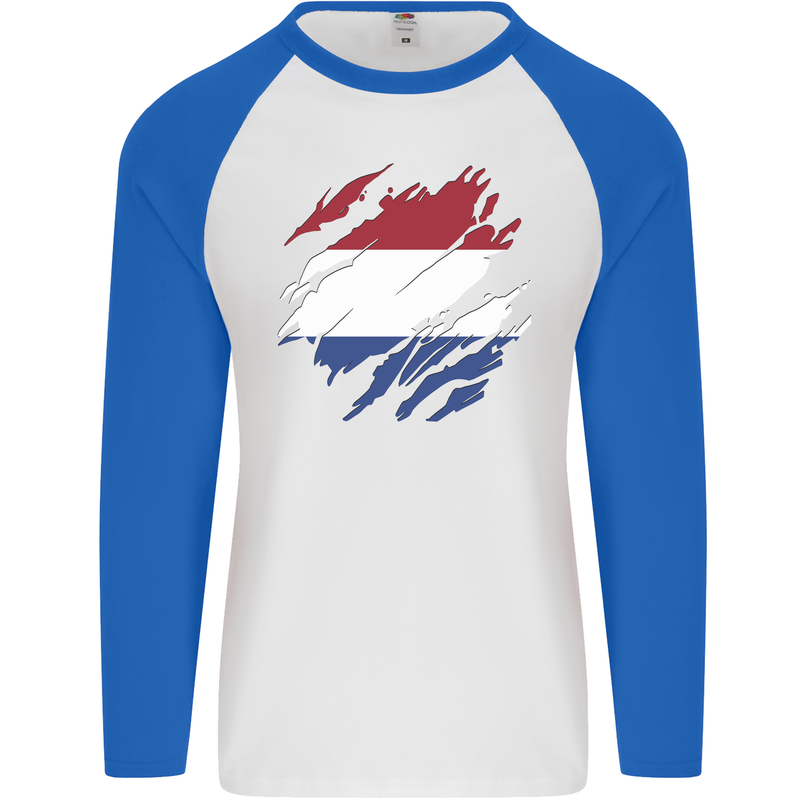 Torn Netherlands Flag Holland Dutch Day Football Mens L/S Baseball T-Shirt White/Royal Blue