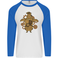 A Steampunk Penguin Mens L/S Baseball T-Shirt White/Royal Blue