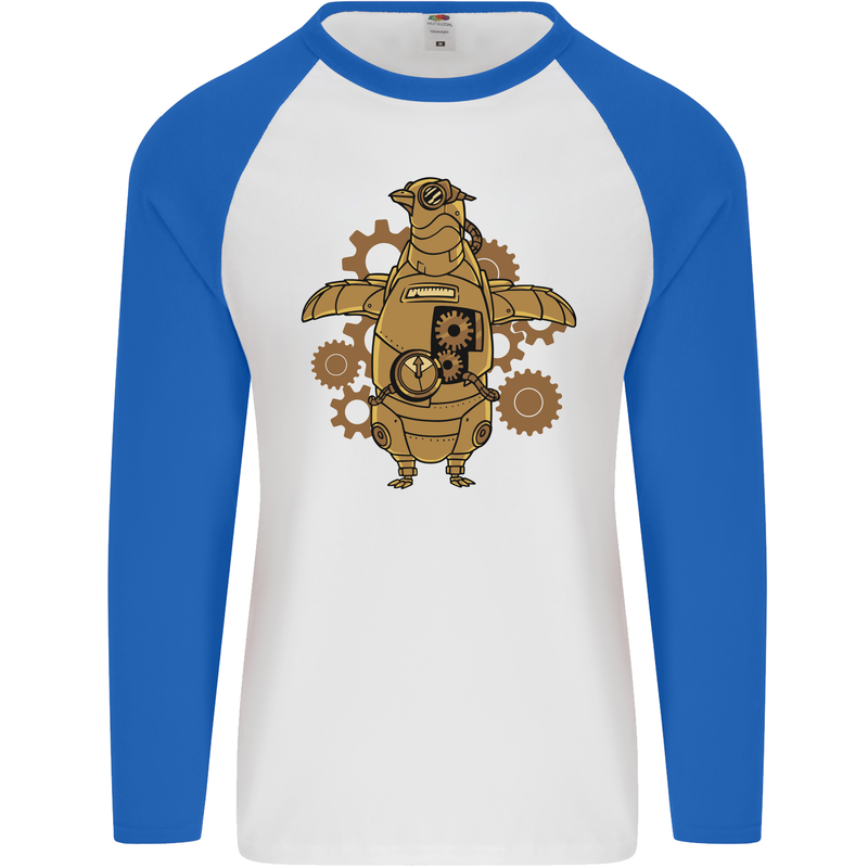 A Steampunk Penguin Mens L/S Baseball T-Shirt White/Royal Blue