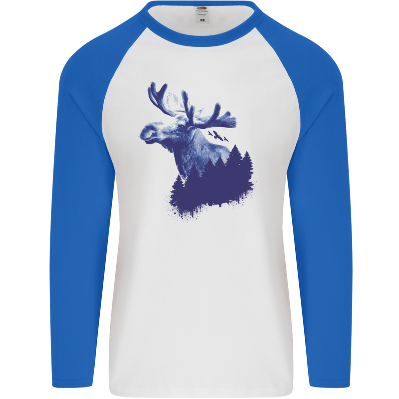 Moose Forest Ecology Environment Mens L/S Baseball T-Shirt White/Royal Blue