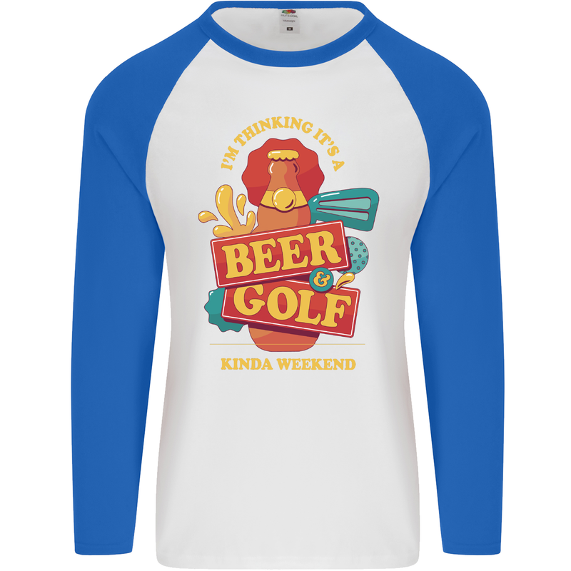 Beer and Golf Kinda Weekend Funny Golfer Mens L/S Baseball T-Shirt White/Royal Blue