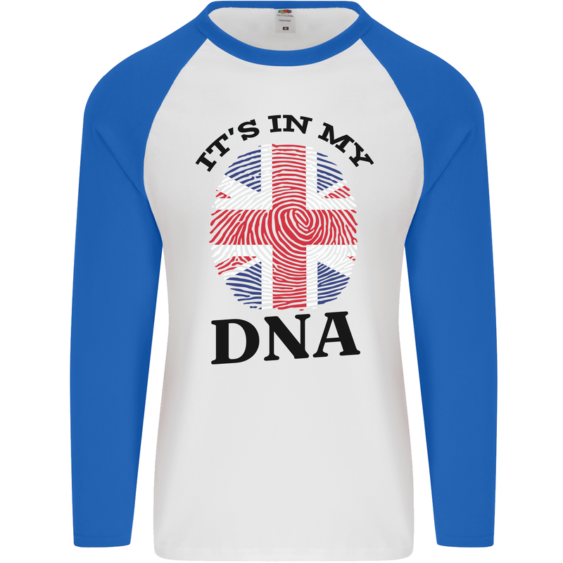 Britain Its in My DNA Funny Union Jack Flag Mens L/S Baseball T-Shirt White/Royal Blue