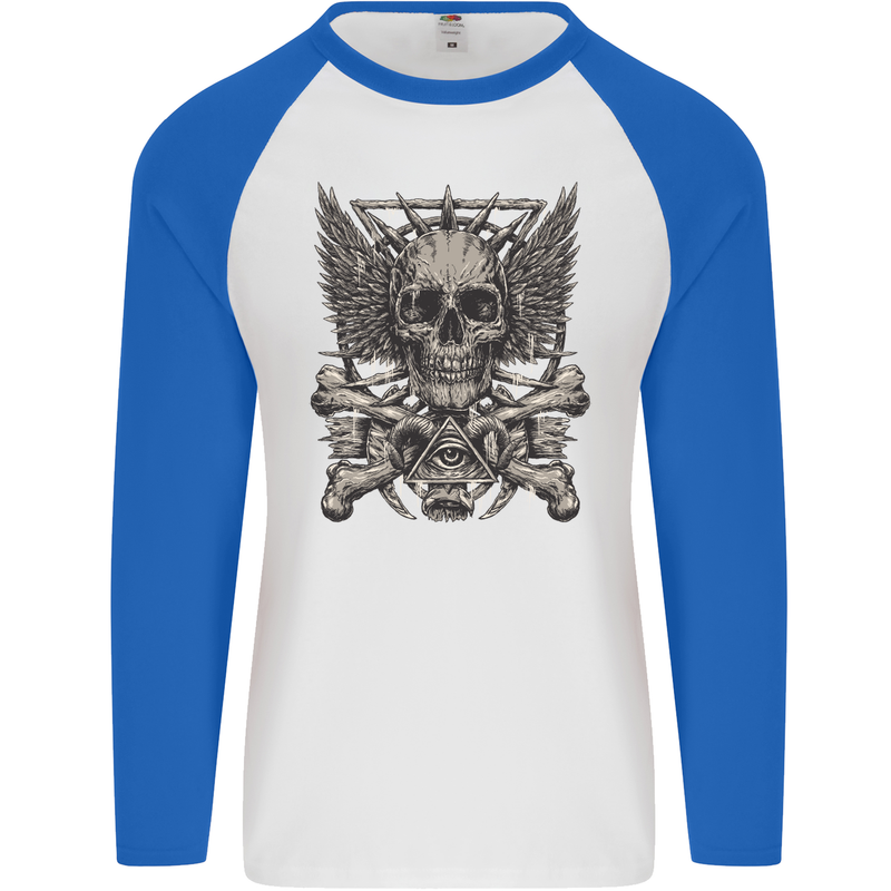 Heavy Metal Skull Rock Music Guitar Biker Mens L/S Baseball T-Shirt White/Royal Blue