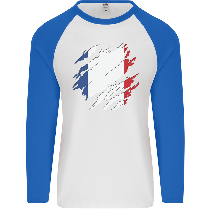 Torn France Flag French Day Football Mens L/S Baseball T-Shirt White/Royal Blue