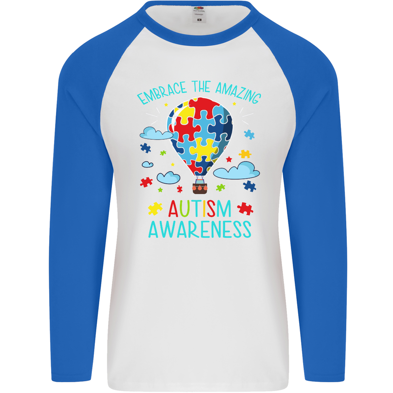 Autism Awareness Embrace Amazing Autistic Mens L/S Baseball T-Shirt White/Royal Blue