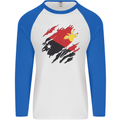 Torn Papua New Guinea Flag Day Football Mens L/S Baseball T-Shirt White/Royal Blue