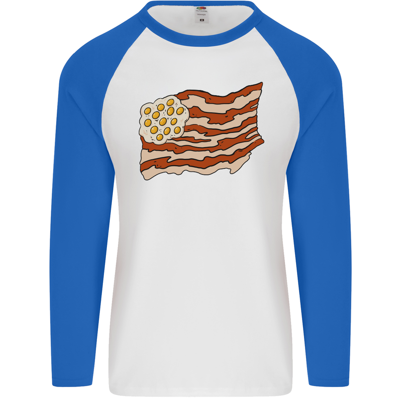 Bacon Egg Stars and Stripes Flag Funny USA Mens L/S Baseball T-Shirt White/Royal Blue