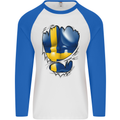 Gym Swedish Flag Ripped Muscles Sweeden Mens L/S Baseball T-Shirt White/Royal Blue