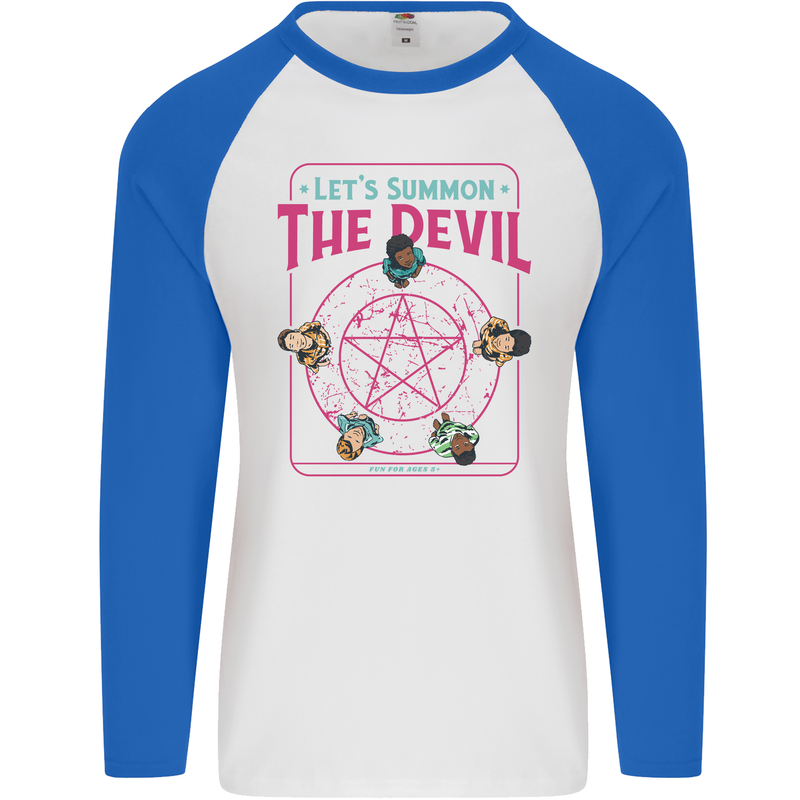 Let's Summon the Devil Ouija Board Demons Mens L/S Baseball T-Shirt White/Royal Blue