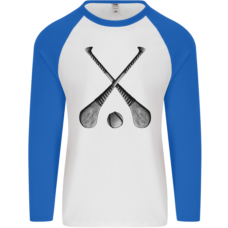 Hurling Bats and Ball Mens L/S Baseball T-Shirt White/Royal Blue