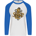 Steampunk Octopus Scuba Diving Cthulhu Mens L/S Baseball T-Shirt White/Royal Blue