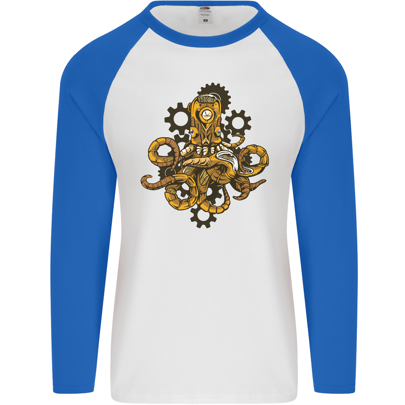 Steampunk Octopus Scuba Diving Cthulhu Mens L/S Baseball T-Shirt White/Royal Blue