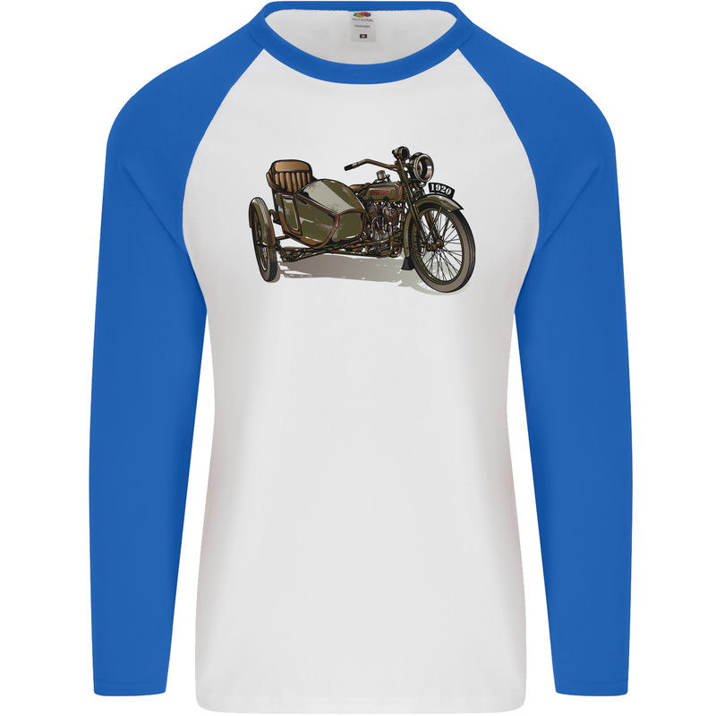 Motorcycle and Sidecar Biker Motorbike Mens L/S Baseball T-Shirt White/Royal Blue