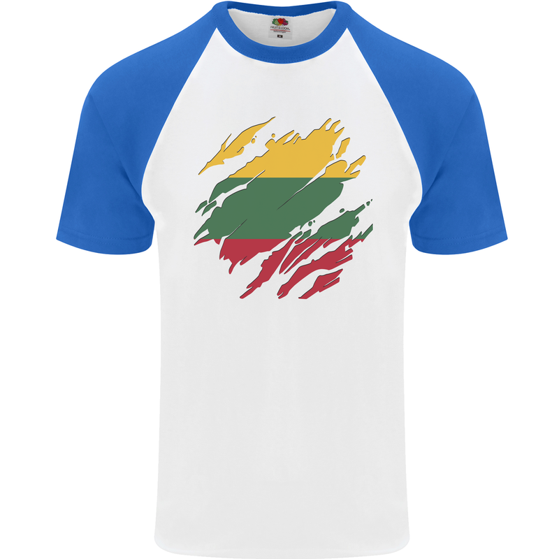 Torn Lithuania Flag Lithuania Day Football Mens S/S Baseball T-Shirt White/Royal Blue
