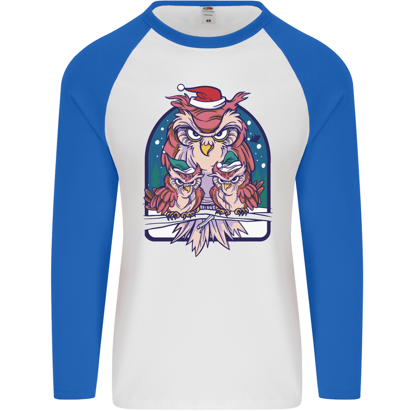 Bah Humbug Grumpy Christmas Owls Mens L/S Baseball T-Shirt White/Royal Blue