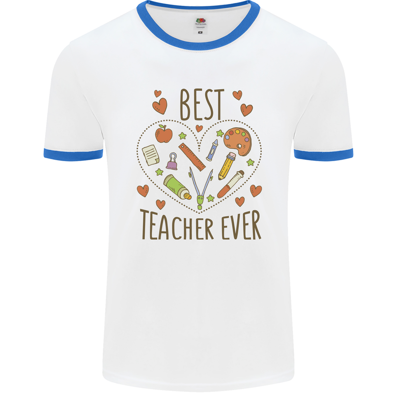 Best Teacher Ever Teaching Maths English Science Mens Ringer T-Shirt White/Royal Blue