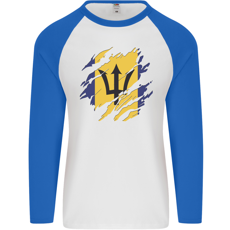 Torn Barbados Flag Barbadians Day Football Mens L/S Baseball T-Shirt White/Royal Blue
