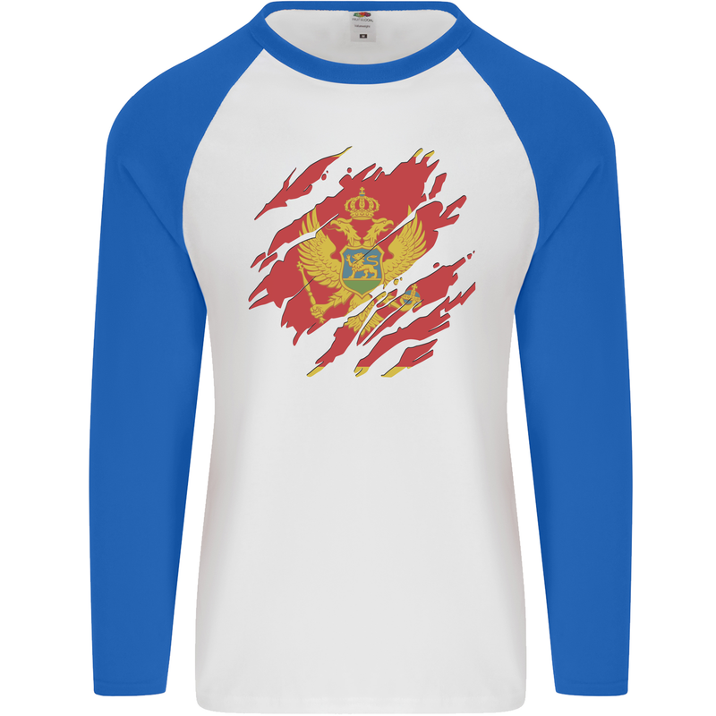 Torn Montenegro Flag Montenegrin Day Football Mens L/S Baseball T-Shirt White/Royal Blue