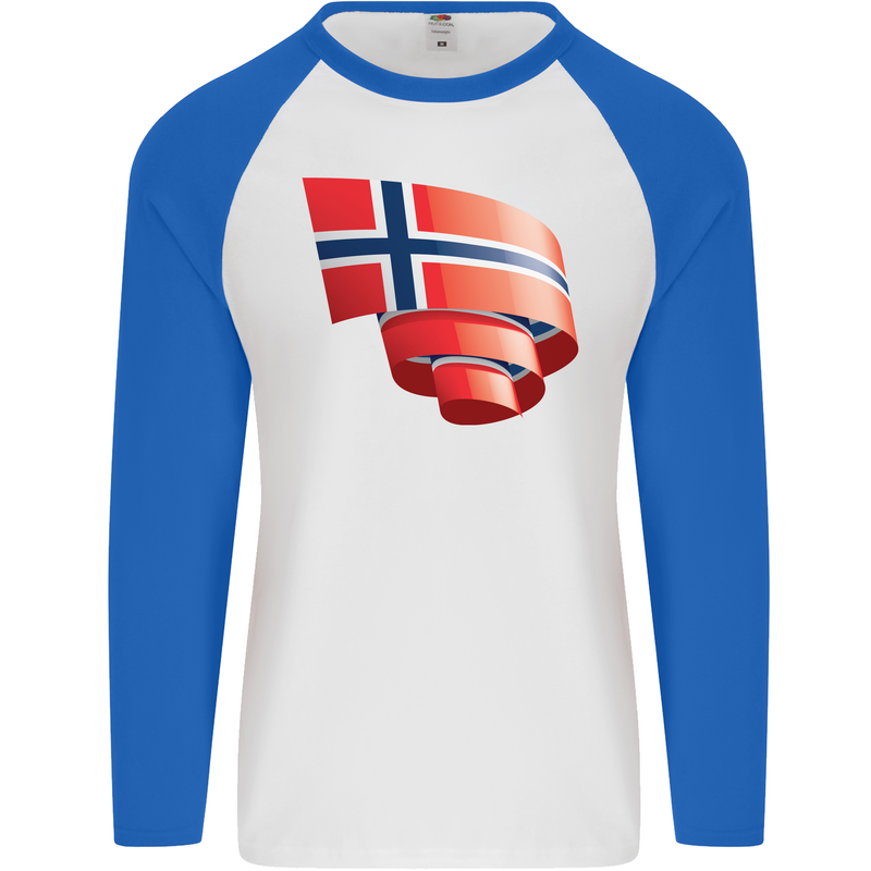 Curled Norway Flag Norwegian Day Football Mens L/S Baseball T-Shirt White/Royal Blue