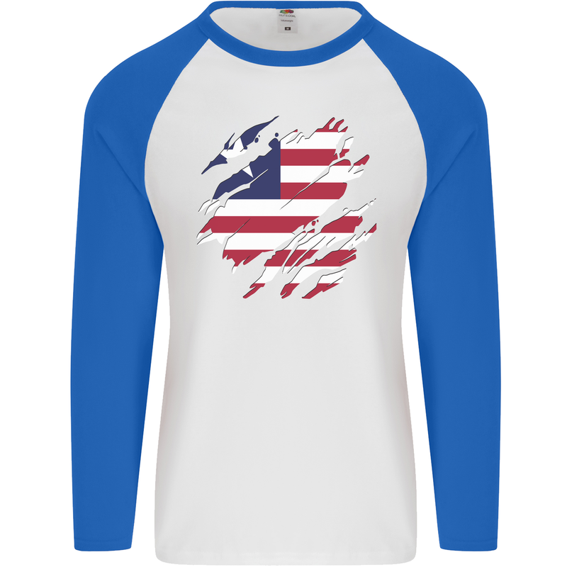 Torn Liberia Flag Liberian Day Football Mens L/S Baseball T-Shirt White/Royal Blue