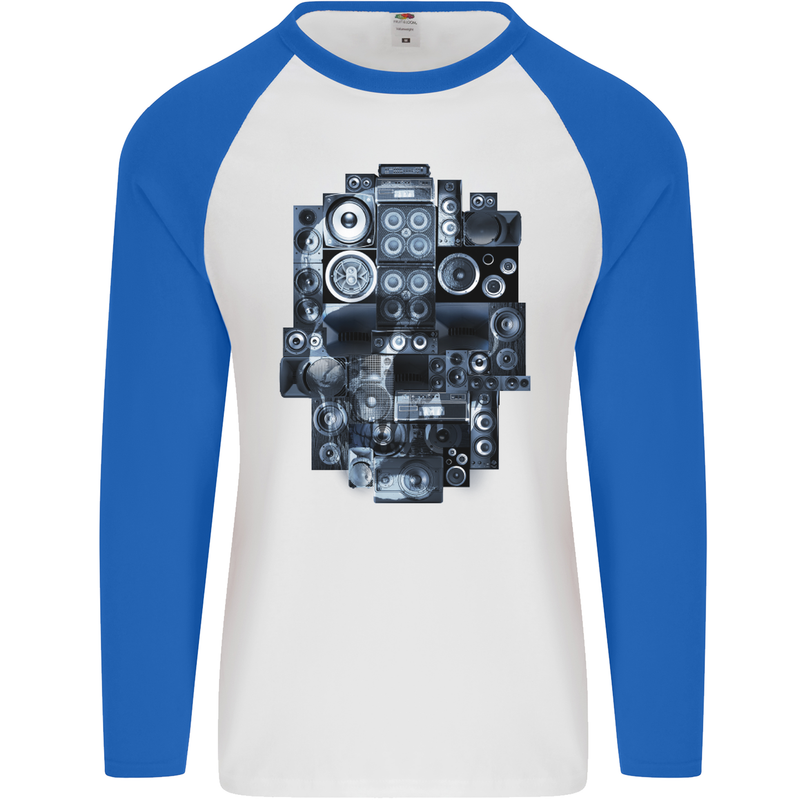 Speaker Skull Music Hi-Fi Mens L/S Baseball T-Shirt White/Royal Blue