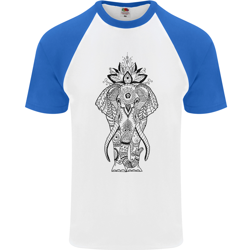 Black Mandala Art Elephant Mens S/S Baseball T-Shirt White/Royal Blue
