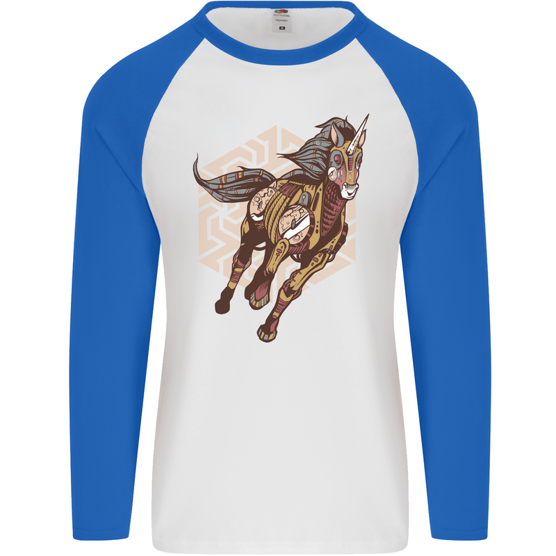 Steampunk Unicorn Mens L/S Baseball T-Shirt White/Royal Blue