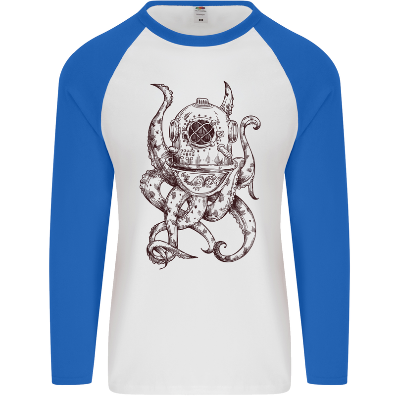 Steampunk Octopus Kraken Cthulhu Mens L/S Baseball T-Shirt White/Royal Blue