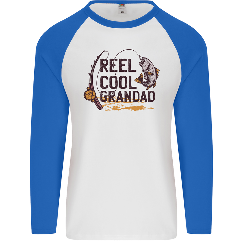 Reel Cool Grandad Funny Fishing Fisherman Mens L/S Baseball T-Shirt White/Royal Blue