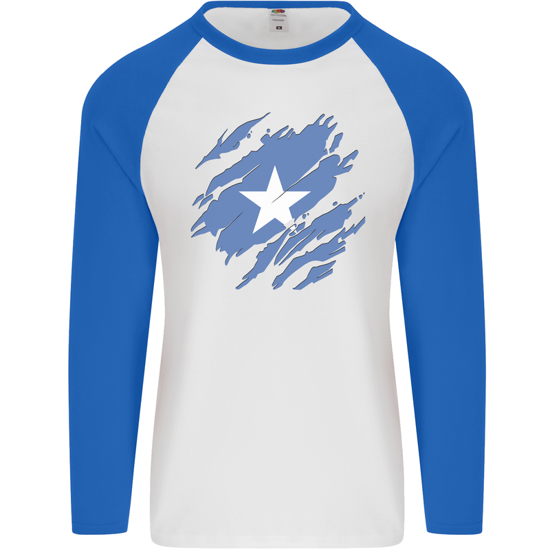 Torn Somalia Flag Somalian Day Football Mens L/S Baseball T-Shirt White/Royal Blue