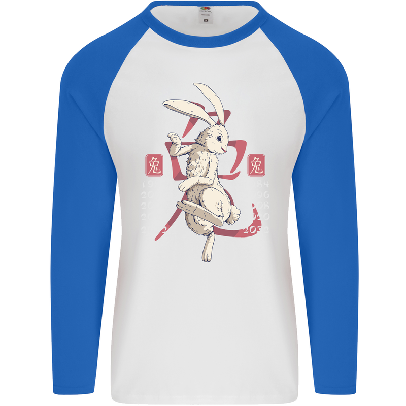 Chinese Zodiac Shengxiao Year of the Rabbit Mens L/S Baseball T-Shirt White/Royal Blue