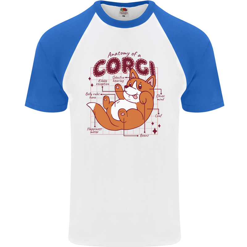 The Anatomy of a Corgi Dog Mens S/S Baseball T-Shirt White/Royal Blue